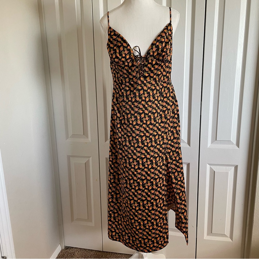 UO Mariah Lace-Up Midi Slip Dress Women’s Ladies L Heart Print Smocked Romance - Picture 2 of 12